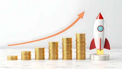 Growth Concept With Rocket And Stacks Of Coins On A Marble Surface