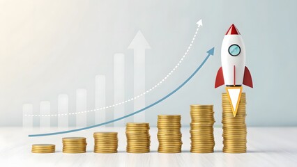 Business Growth Concept with Rocket and Coins on White Background