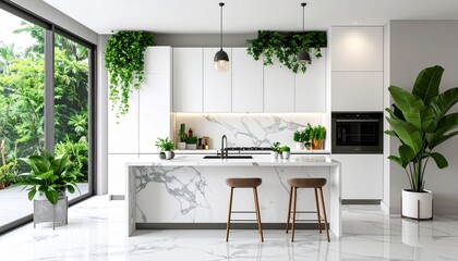 Marble kitchen with green plants &ndash; high-resolution, natural and lived-in space/ 大理石のキッチンとグリーン植物 &ndash; 高解像度で自然な生活感のある空間