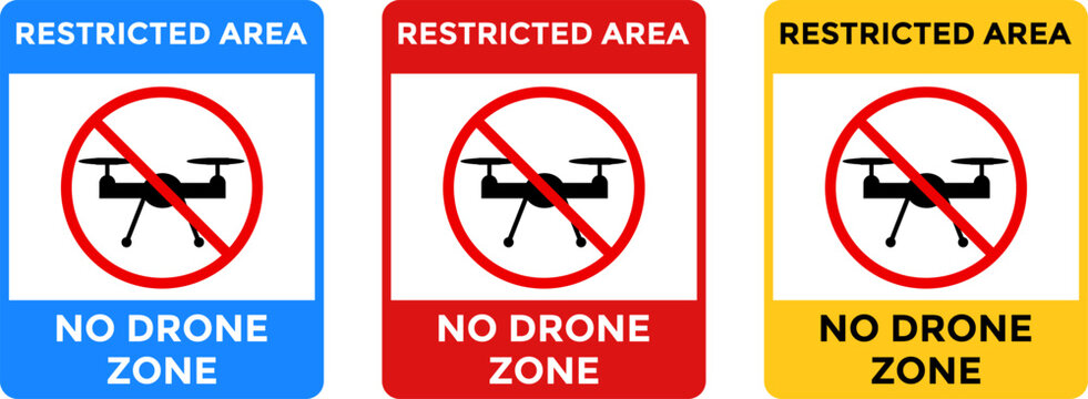 no drone zone sign. No fly camera drones signs. Stop halt allowed area icons. privacy symbol Forbid air flights. prohibited Aircraft or quadcopter flights restrictive
