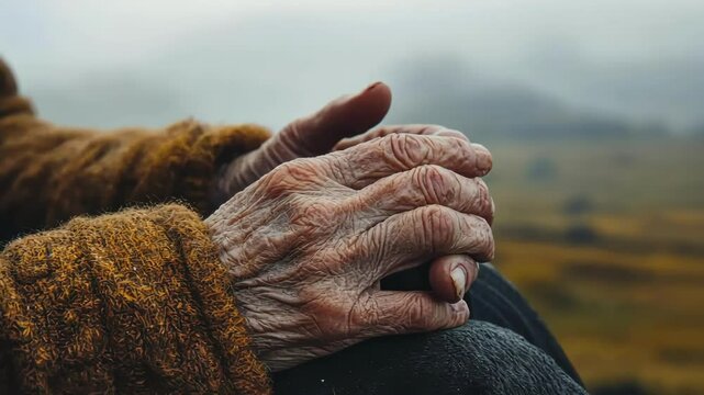 Close-up of elderly hands clasped together outdoors in a rural setting
