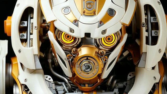 Mechanized robot android close up.