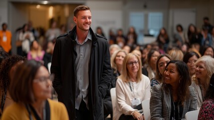 Fototapeta premium Engaging speaker interacts with an audience of enthusiastic women during a conference event in a large hall
