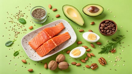 Fresh Salmon Fillet with Avocado and Nuts on Green Background