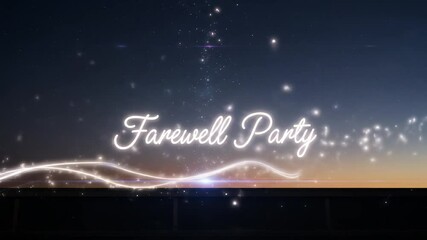 Magical glowing light trails illuminate heartfelt farewell party message at dusk