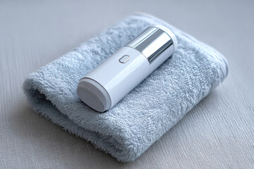A small, elegant facial steamer is placed on a plush towel, enhancing a tranquil spa experience focused on skincare