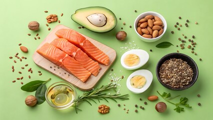 Fresh Salmon Slices with Healthy Ingredients on Green Background