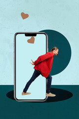 Contemporary artwork collage of happy girl guy stand phone heart notification icon social media...