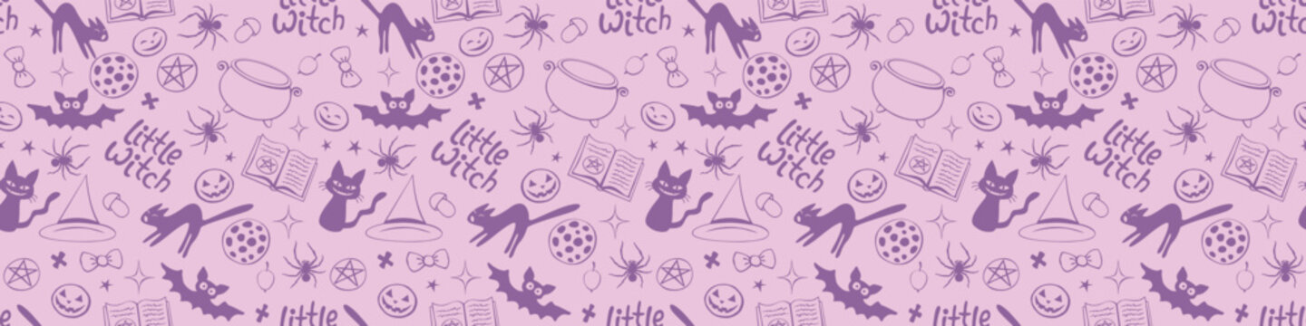 Halloween seamless pattern with good little witch symbols - cats, magic book, witch hat, pentagram and cauldron. Power girls theme. Cute holiday kids decor