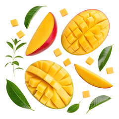 Set of mango cubes and mango slices isolated on transparent background