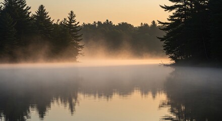 Fototapeta premium Serene morning lake with mist and reflections creating a tranquil landscape scene