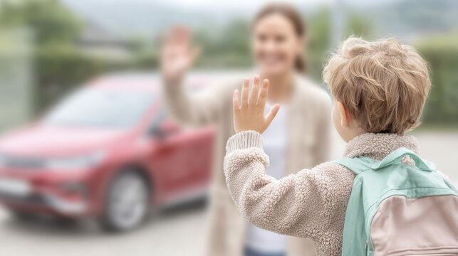 Farewell Wave: A tender moment captured as a child bids adieu to their parent, epitomizing the everyday sentiment of parting and anticipation in an outdoor setting.