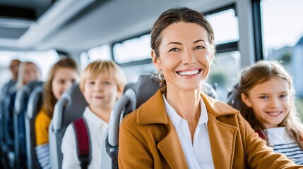 Joyful Journey: A heartwarming image of a school bus ride, where a smiling teacher and her cheerful students create a picturesque scene.