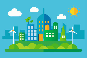 Fototapeta premium Green Eco City Concept With Solar Panels Wind Turbines