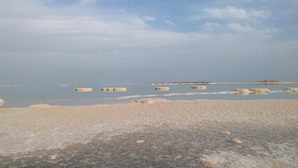 view of the beach.Dead Sea shore. Israel .winter. morning.