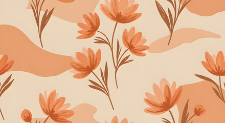 Watercolor Floral Pattern with Orange Flowers and Abstract Shapes.