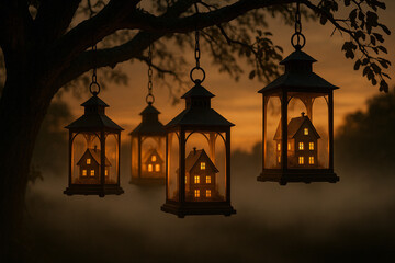 Fantasy Mini Landscapes of Lantern Tree Village Hanging From a Branch