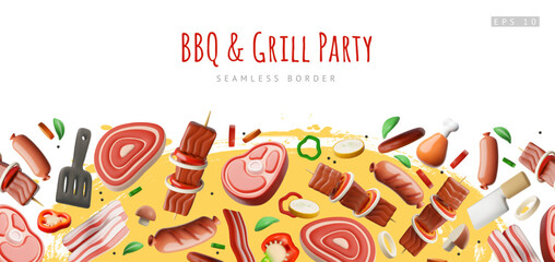 BBQ and grill party invitation 3D cartoon vector seamless border design, realistic barbecue meat, ribs, sausages © sabelskaya