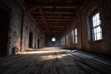 Obraz premium Sunlight streams through windows of a weathered, empty brick hall, casting shadows on a dilapidated