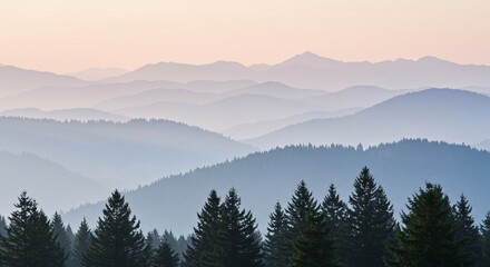 Fototapeta premium Serene mountain landscape with layers of misty ridges and evergreen forests at dusk