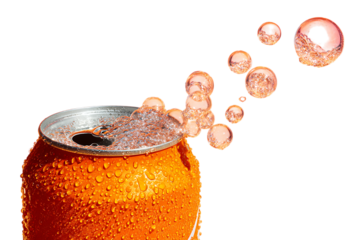 Close up of an open soda can with bubbles escaping.