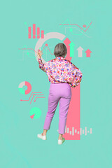 Vertical pop poster banner collage of happy businessman businesswoman stand megaphone graph diagram progress economy concept
