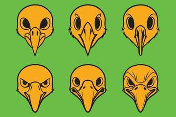 Obraz premium Various Orange and Black Bird Head Cartoon Character Designs on Green Background