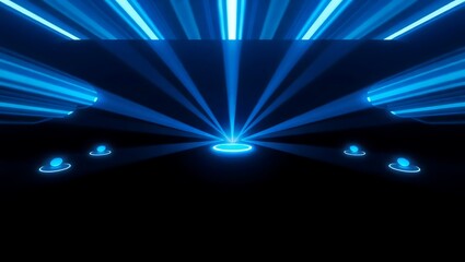 A futuristic scene with blue neon lights and platforms in a dark space with a central spotlight