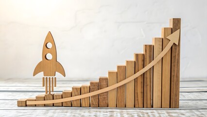 Growth Concept with Wooden Rocket and Rising Bar Chart Elements