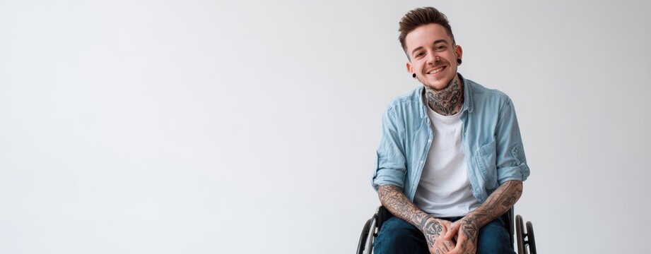 The confident man in a wheelchair smiling with tattoos and casual style.