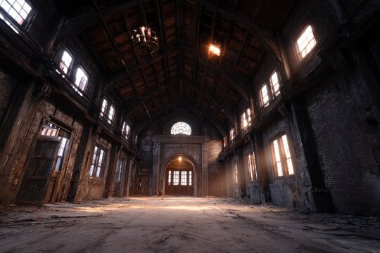 Sunlight streams through windows, illuminating an aged and decayed industrial interior, creating a