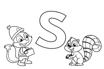 Fototapeta premium Vector line art of the alphabet S with fun cartoon characters, black and white, designed for coloring page use, easy for preschool kids