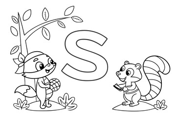 Vector line art of the alphabet S with fun cartoon characters, black and white, designed for coloring page use, easy for preschool kids