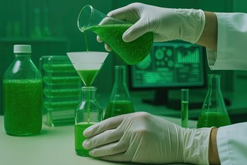 Algae play a key role in sustainable biofuel production. A scientist wearing gloves pours a green liquid from a beaker into a small bottle in a laboratory setting