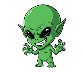 Cute green extraterrestrial alien trying to be scary with sharp claws and a devious grin - isolated white background chibi illustration