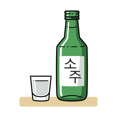 Flat vector of Korean soju bottle with “소주” Hangul label and shot glass on beige table, bold black outlines, minimal solid colors, clean white background, perfect for Korean culture or drinking theme.