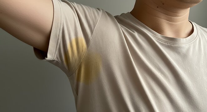 Sweat stains under the arm of a shirt, a common fashion faux pas, An arm raised showing a bad sweat stain and embarrassing the man, a sign of sweating