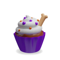 3D illustration of a Halloween cupcake with whipped cream, colorful orange and purple sprinkles, and a spooky bone decoration. Halloween party designs, packaging, posters, and seasonal decorations.