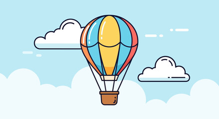 A colorful hot air balloon floats serenely amidst fluffy white clouds in a light blue sky.