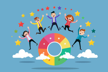 Cheerful business team jumping around a colorful chart. Celebrating success and achievements. Five people smiling and jumping in the air with joy and enthusiasm. Stars around them.