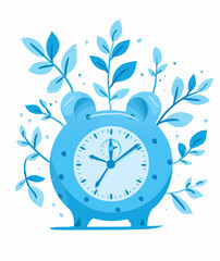 An illustration of a blue alarm clock adorned with leaves, symbolizing the connection between time and nature, and evoking themes of growth, deadlines and life cycles.
