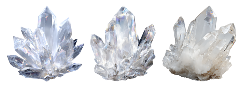 Clear quartz crystal clusters prismatic formations faceted mineral