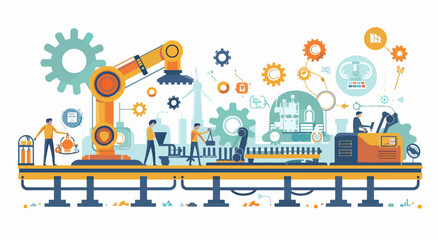 Illustrated assembly line with factory workers and robot arms. A factory with people, robots and gears. Industry, production, machine, automated, manufacturing.