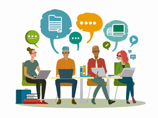 Group of four people working at table, with communication bubbles above them. Concept illustrating teamwork, digital communication, collaboration, and modern workplace. Meeting, cooperation.