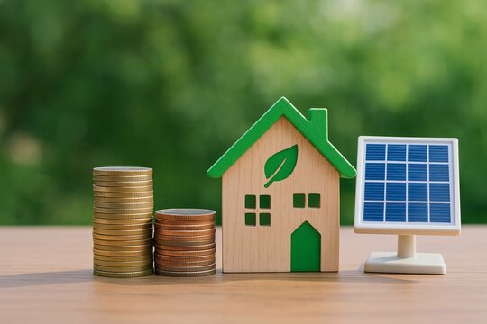 Small-scale renewables support local, sustainable energy solutions. A wooden house with a green roof and leaf symbol stands next to stacks of coins and a small solar panel