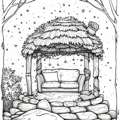 A whimsical illustration shows a cozy couch, books inside a gazebo, decorated with star string lights, surrounded by rocks and foliage, under a star-filled sky. Ideal for relaxation.