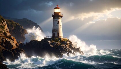 Lighthouse on a cliff with crashing waves &ndash; cinematic and powerful seascape/ 荒波が打ち寄せる断崖の灯台 &ndash; 映画のように迫力ある海の風景