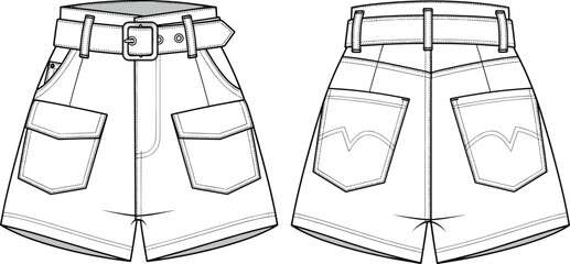 Belted Cargo Shorts Technical Drawing, Front and Back View, Fashion Garment Sketch, Pocket Design Blueprint, Apparel Illustration Style