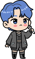 Flat vector of cute chibi-style K-pop idol with colorful hair and microphone, outlined in black, minimal color palette, perfect for stickers or mascots. Clean white background.