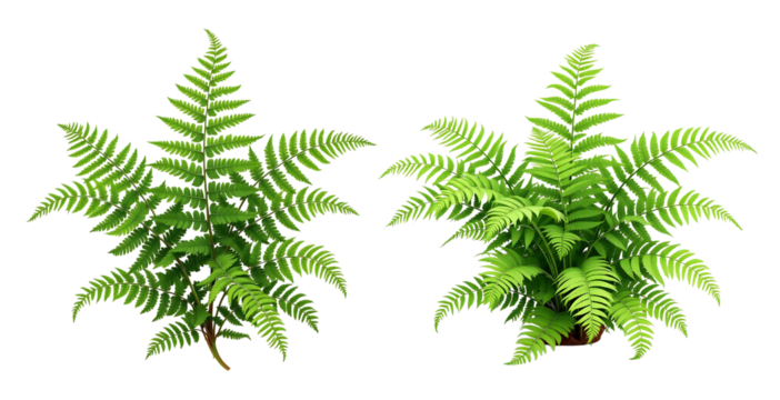 Lush green fern fronds and potted plant foliage leaves